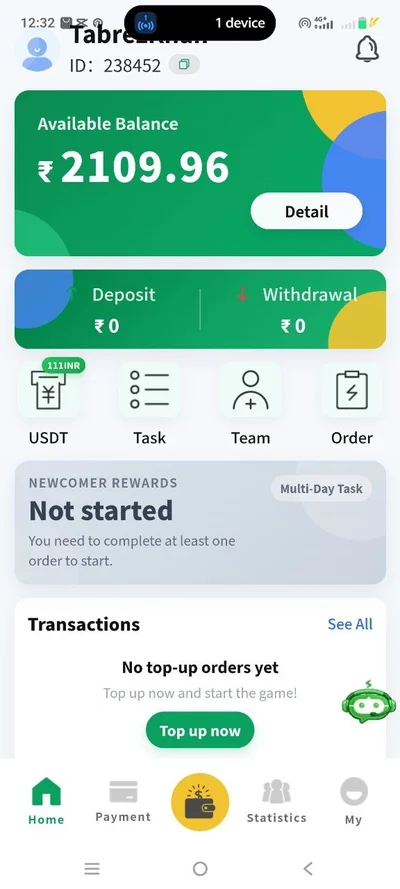WecoinPay App Home Screen - Available Balance